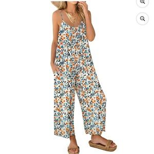 Women Casual Sleeveless Spaghetti Strap Romper Boho Wide Leg Floral Trendy Large